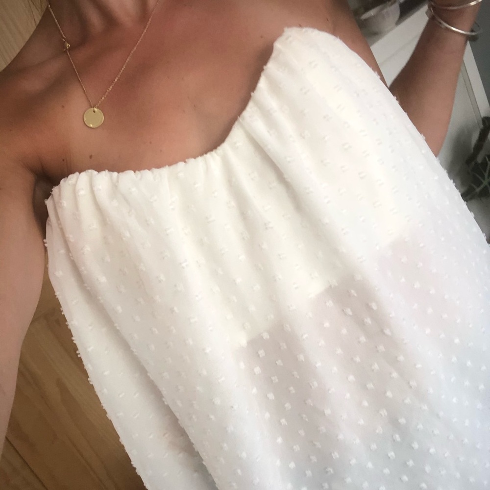 Sheer white polka dot strapless top